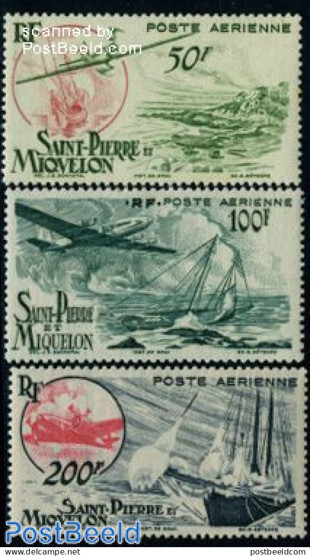 Saint Pierre And Miquelon 1947 Airmail Definitives 3v, Unused (hinged), Transport - Aircraft & Aviation - Ships And Bo.. - Flugzeuge