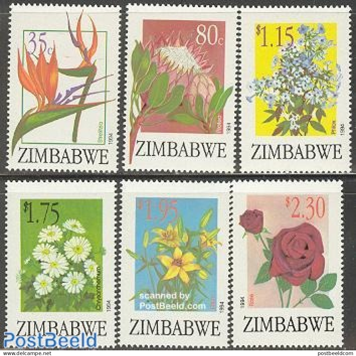 Zimbabwe 1994 Flowers 6v, Mint NH, Nature - Flowers & Plants - Roses - Zimbabwe (1980-...)