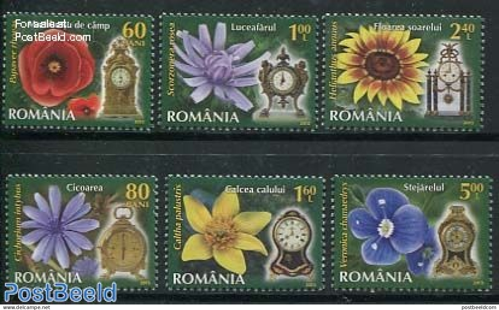 Romania 2013 Flowers & Clocks 6v, Mint NH, Nature - Flowers & Plants - Art - Clocks - Ungebraucht