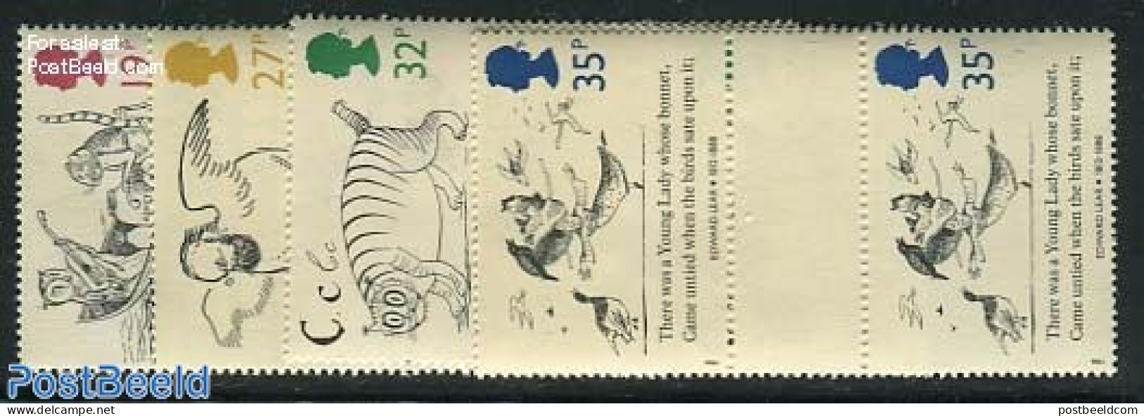 Great Britain 1988 Edward Lear 4v, Gutter Pairs, Mint NH, Nature - Performance Art - Birds - Cats - Owls - Music - Geese - Neufs