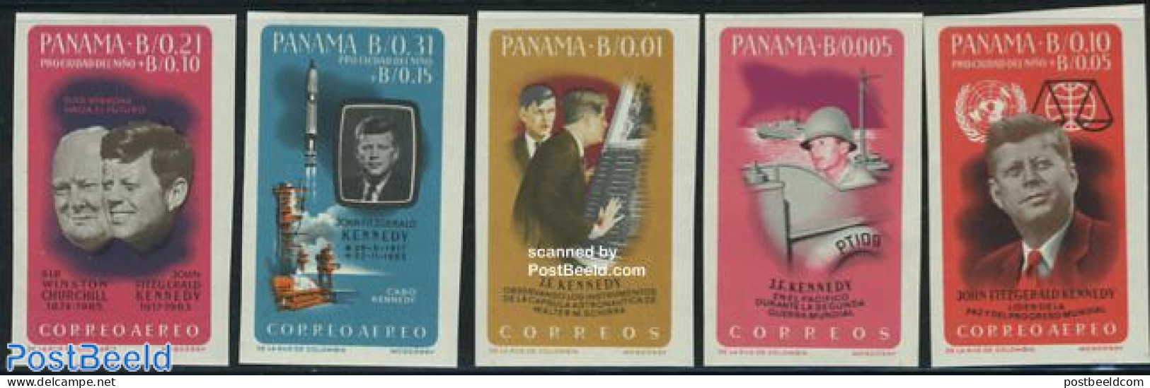 Panama 1965 J.F. Kennedy 5v Imperforated, Mint NH, History - Transport - American Presidents - World War II - Ships An.. - WW2