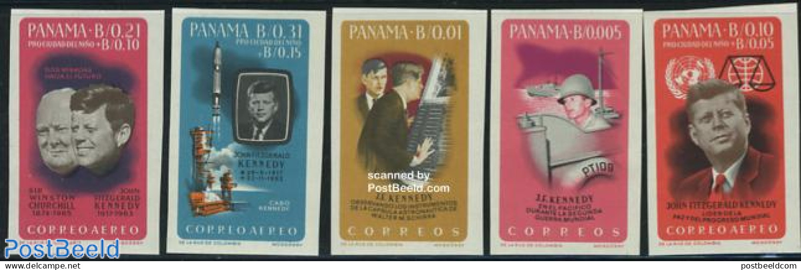 Panama 1965 J.F. Kennedy 5v Imperforated, Mint NH, History - Transport - American Presidents - World War II - Ships An.. - WW2 (II Guerra Mundial)