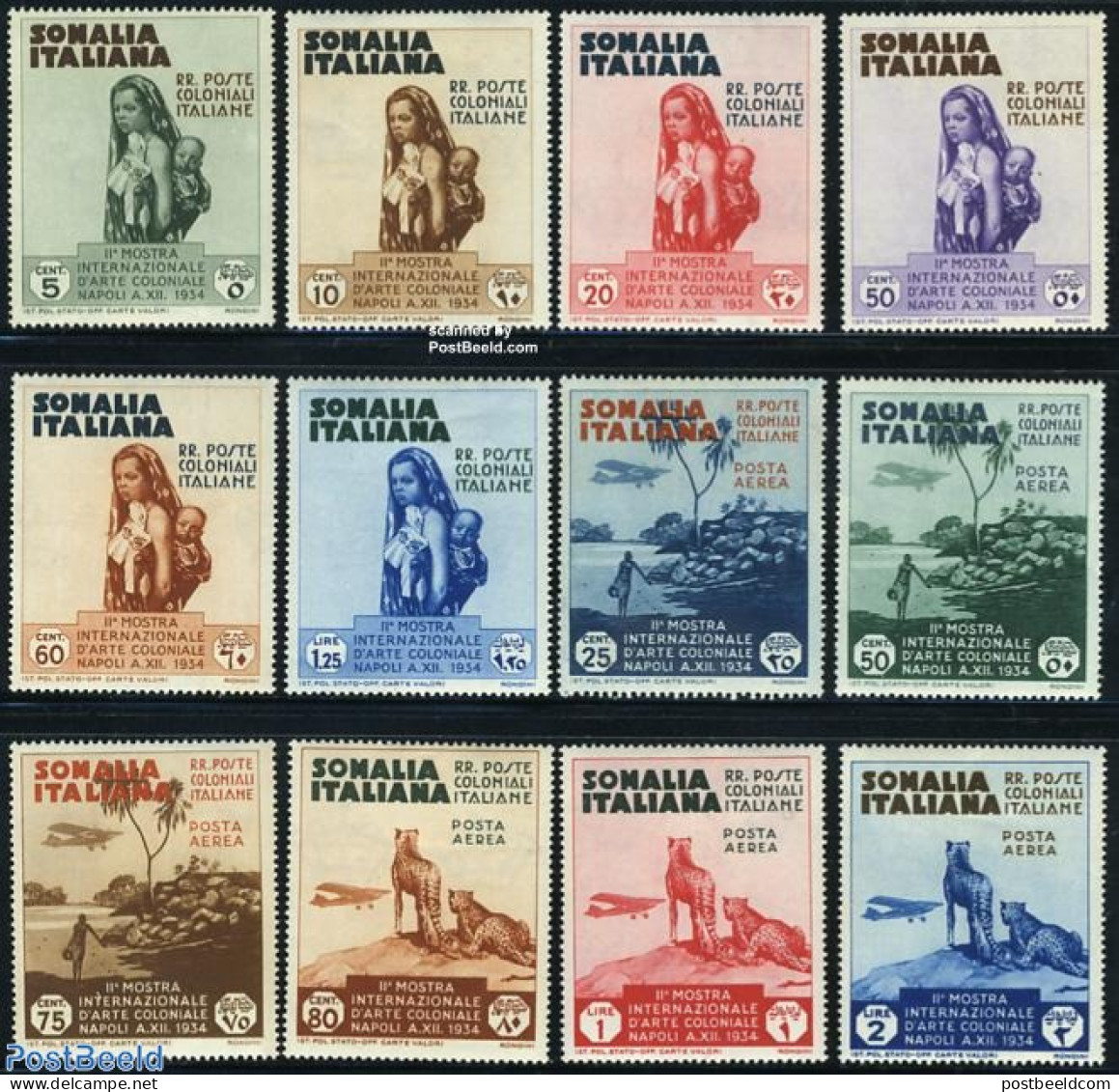 Italian Somalia 1934 Colonial Exposition 12v, Unused (hinged), History - Nature - Transport - Women - Animals (others .. - Non Classés