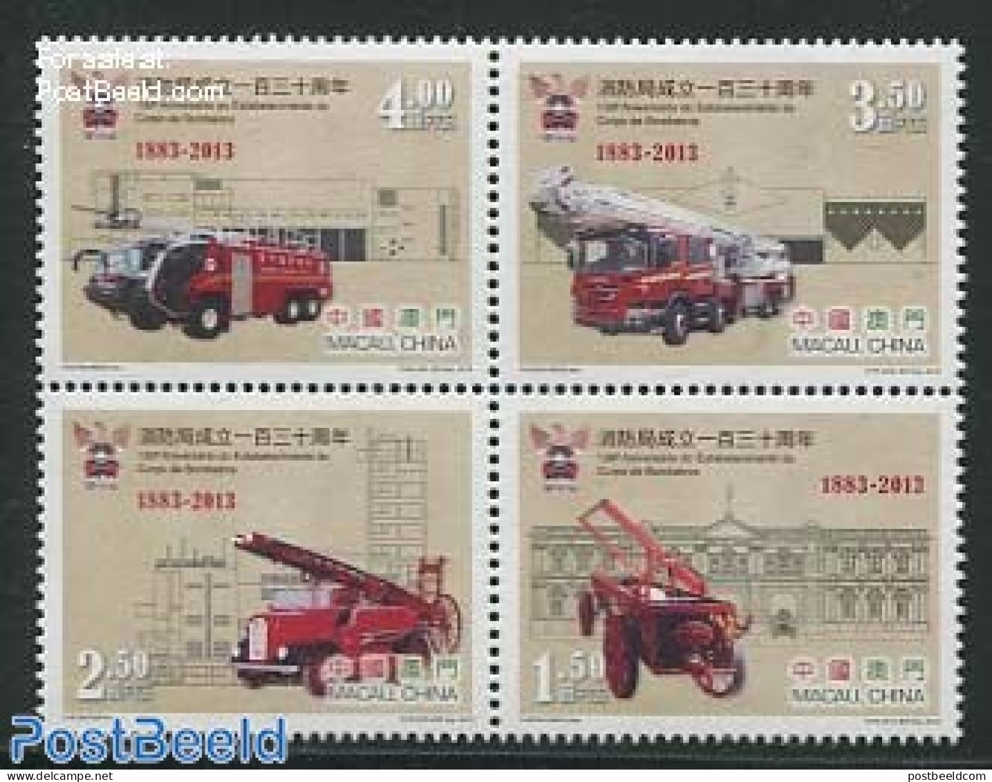 Macao 2013 Fire Brigades 4v [+] Or [:::], Mint NH, Transport - Automobiles - Fire Fighters & Prevention - Nuevos