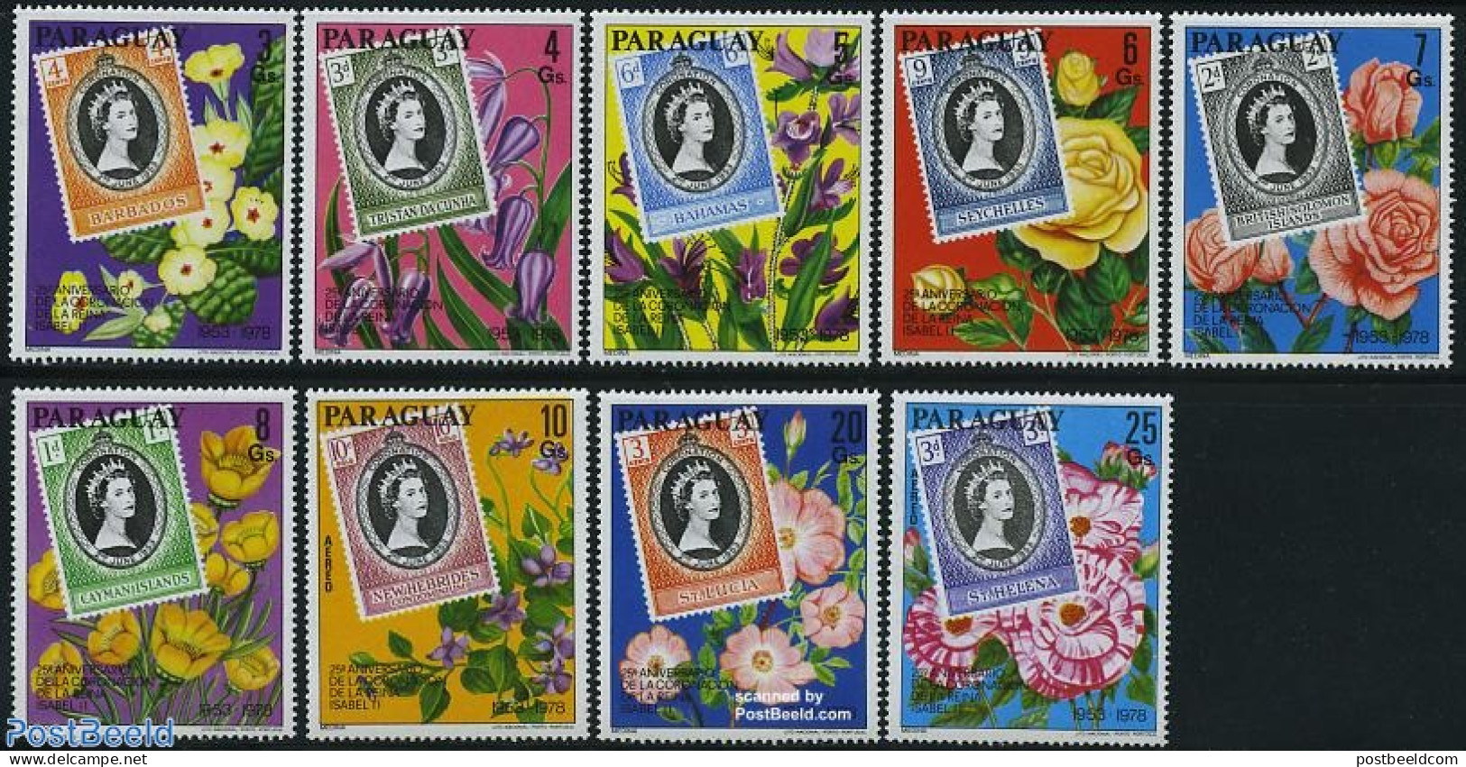 Paraguay 1978 Coronation 9v, Mint NH, History - Nature - Kings & Queens (Royalty) - Flowers & Plants - Stamps On Stamps - Koniklijke Families