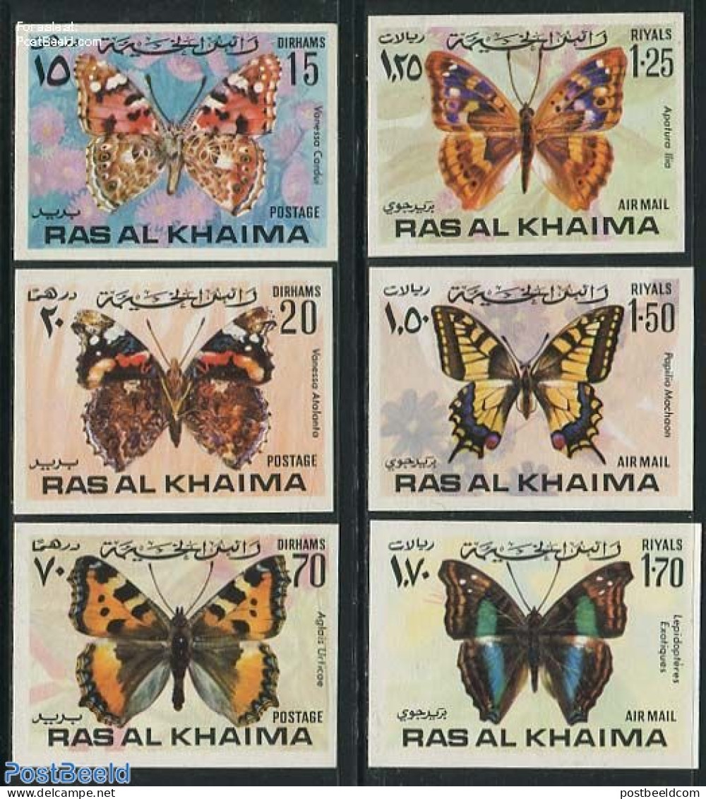 Ras Al-Khaimah 1972 Butterflies 6v, Imperforated, Mint NH, Nature - Butterflies - Ra's Al-Chaima