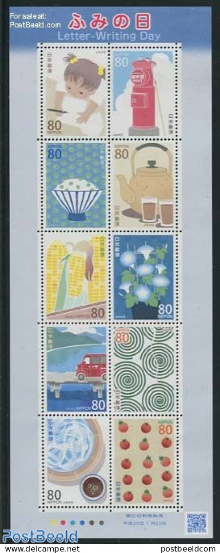 Japan 2013 Letter Writing Day 10v M/s, Mint NH, Health - Transport - Food & Drink - Mail Boxes - Automobiles - Art - B.. - Neufs