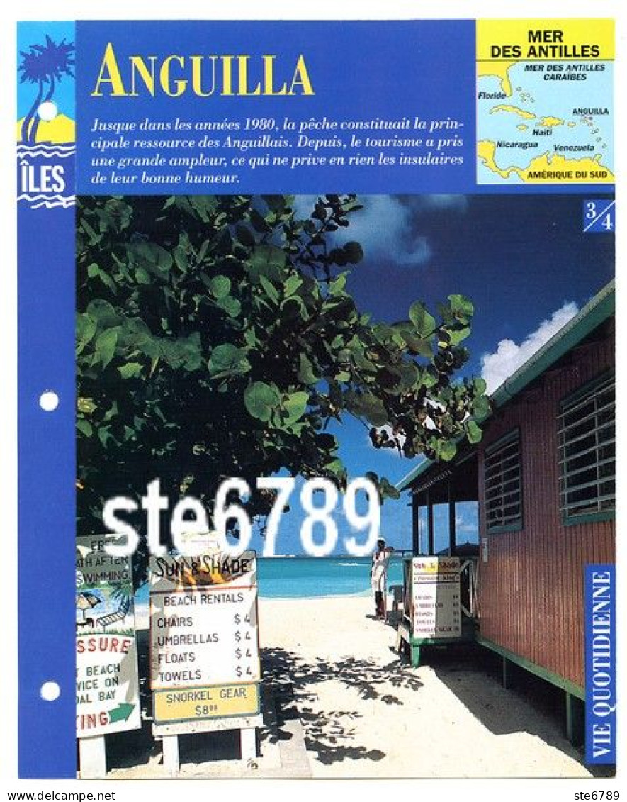 ILE ANGUILLA  3/4 Série Iles Mer Des Antilles Géographie Vie Quotidienne Fiche Dépliante - Géographie