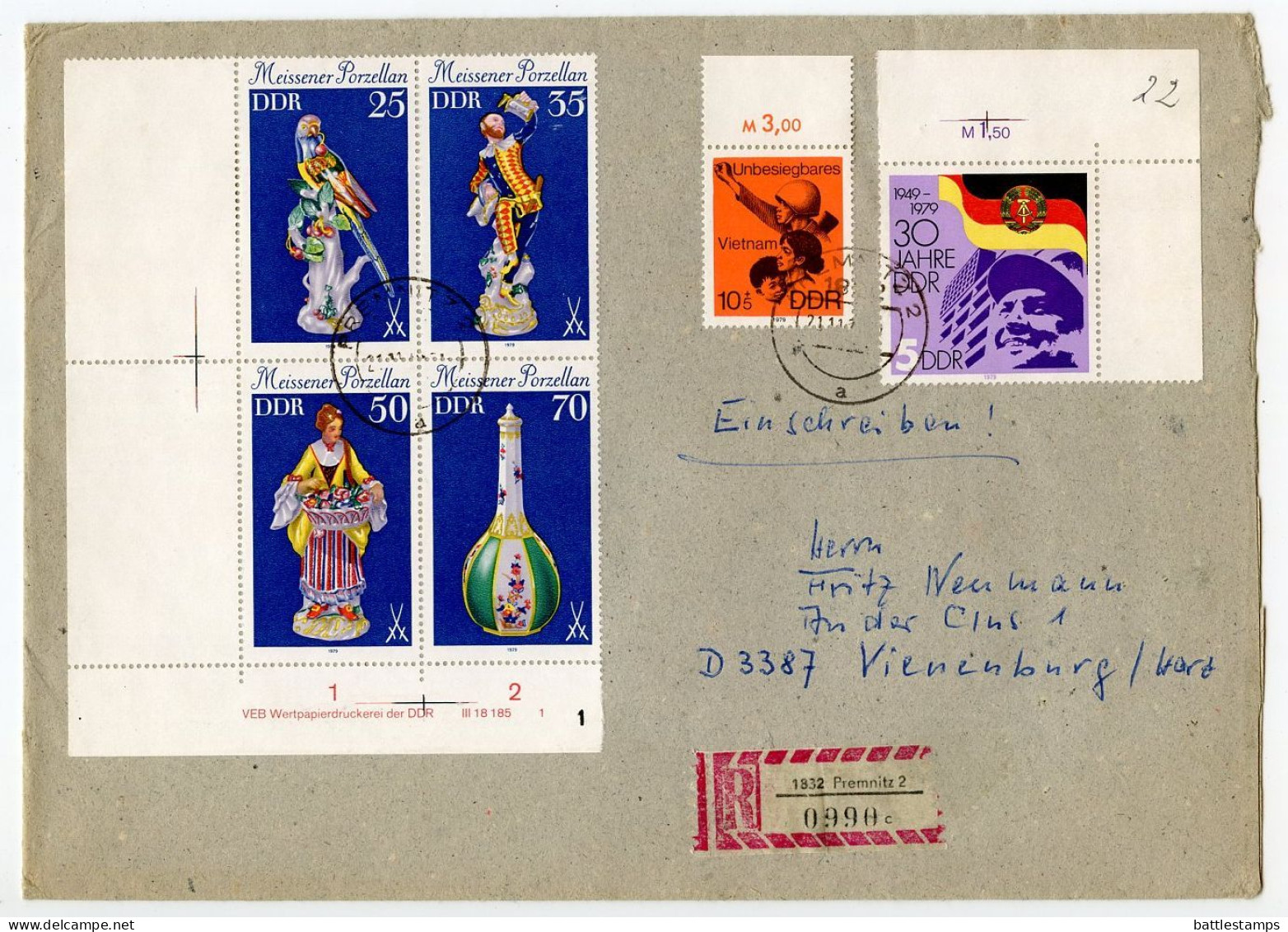 Germany, East 1979 Registered Cover; Premnitz To Vienenburg; DDR 30th Anniversary, Meissen Porcelain & Vietnam Stamps - Brieven En Documenten