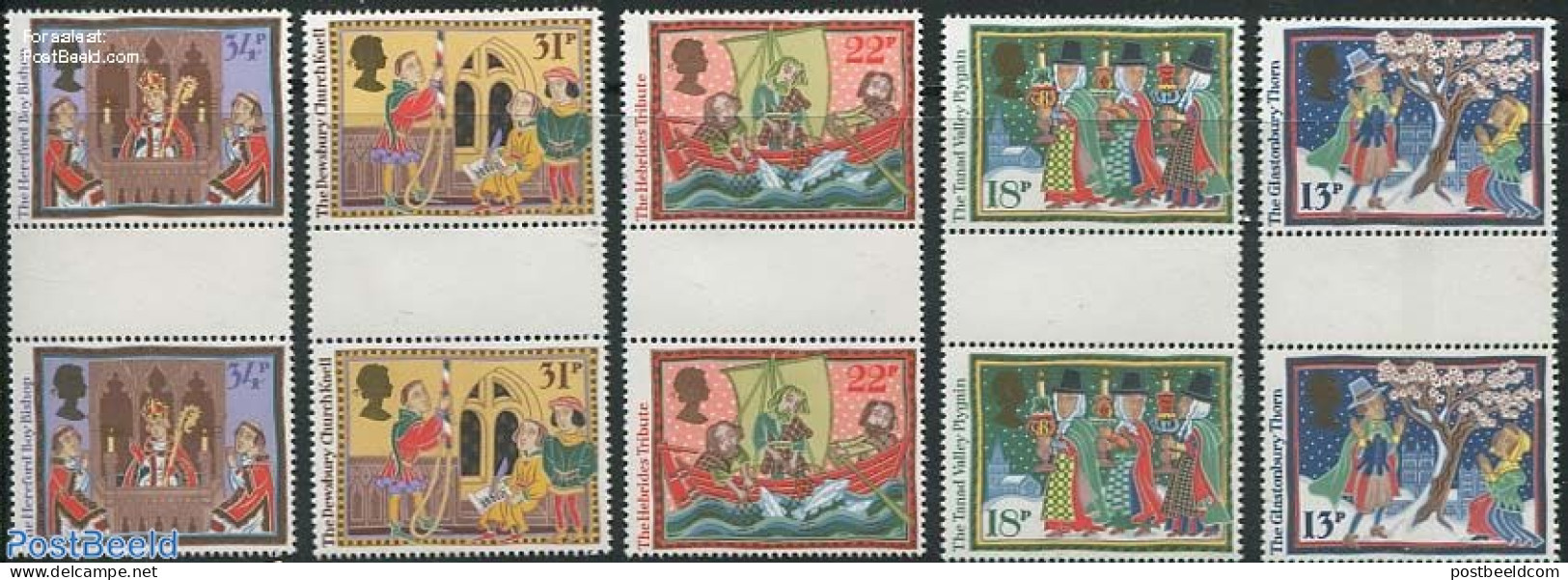 Great Britain 1986 Christmas 5v, Gutter Pairs, Mint NH, Religion - Transport - Christmas - Ships And Boats - Neufs