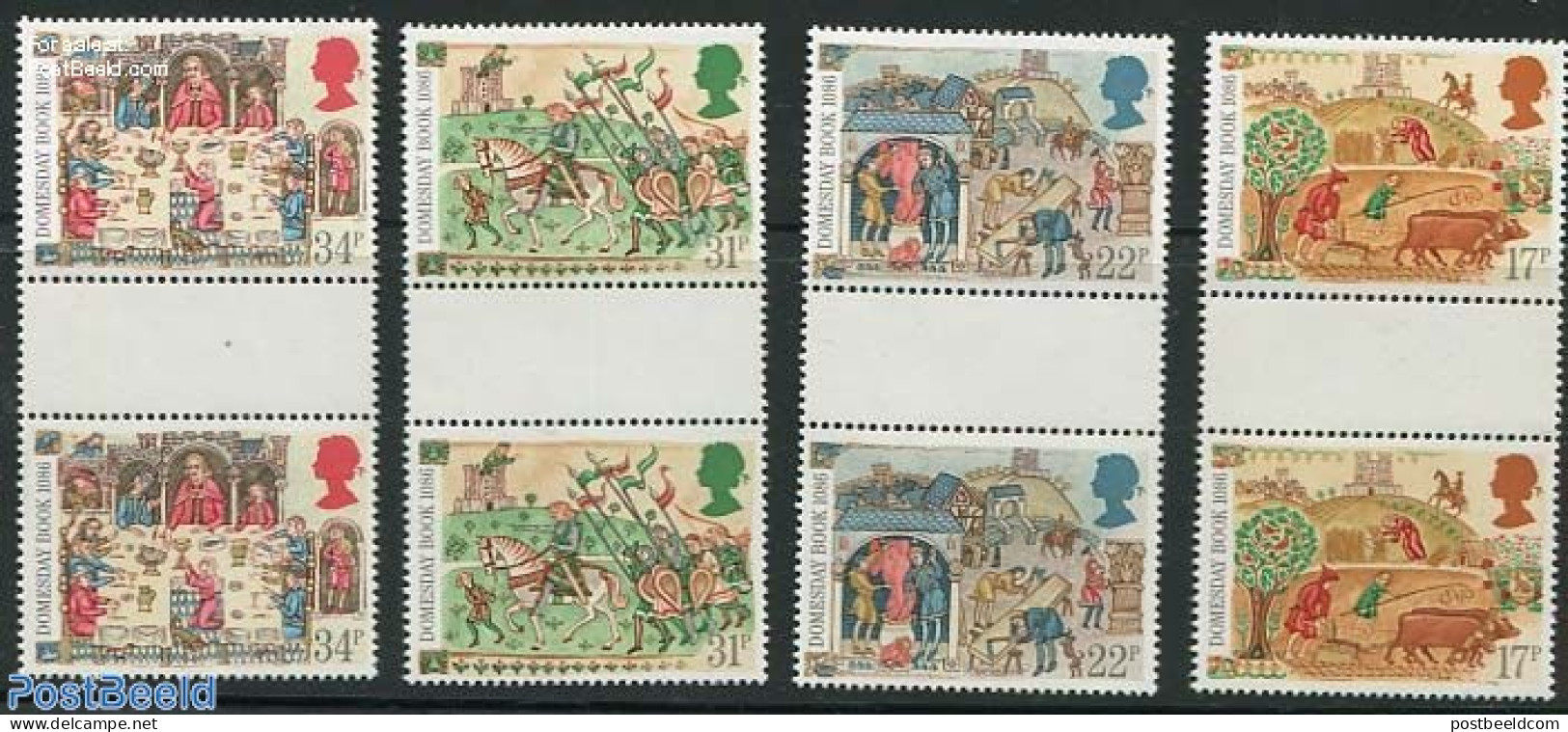 Great Britain 1986 Domesday Book 4v, Gutter Pairs, Mint NH, Nature - Various - Horses - Agriculture - Art - Books - Ongebruikt