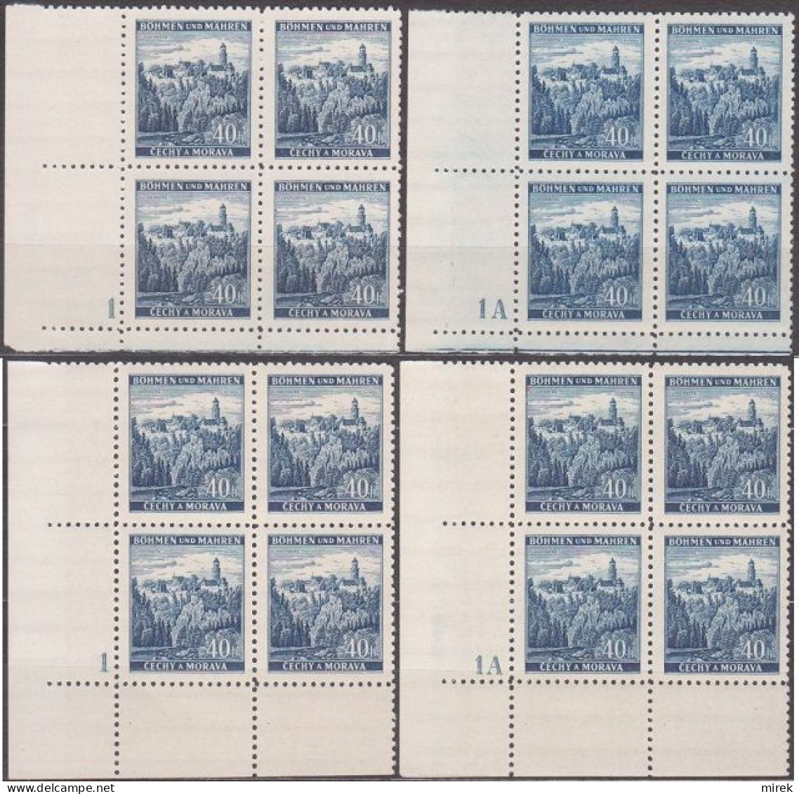 079/ Pof. 28; Corner 4-blocks, Complete Plate Numbers 1,1A, Narrow And Wide Border - Unused Stamps