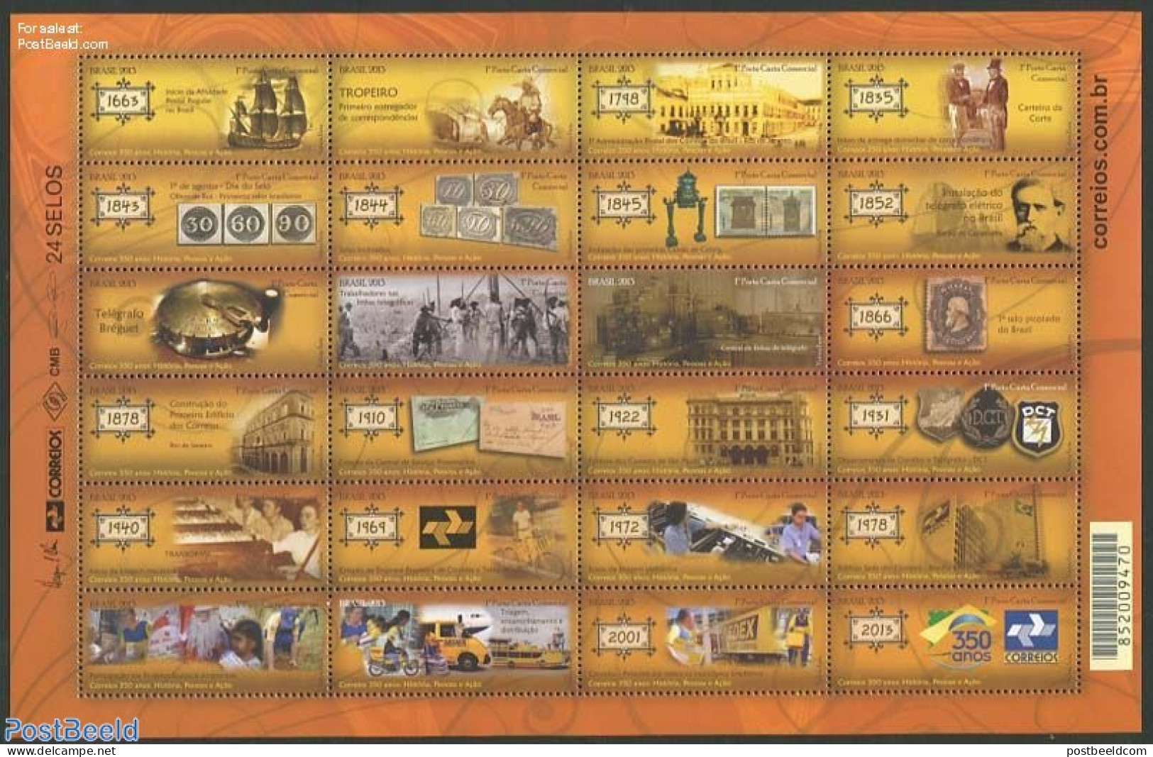 Brazil 2013 350 Years Post 24v M/s, Mint NH, Nature - Transport - Horses - Post - Stamps On Stamps - Automobiles - Mot.. - Neufs