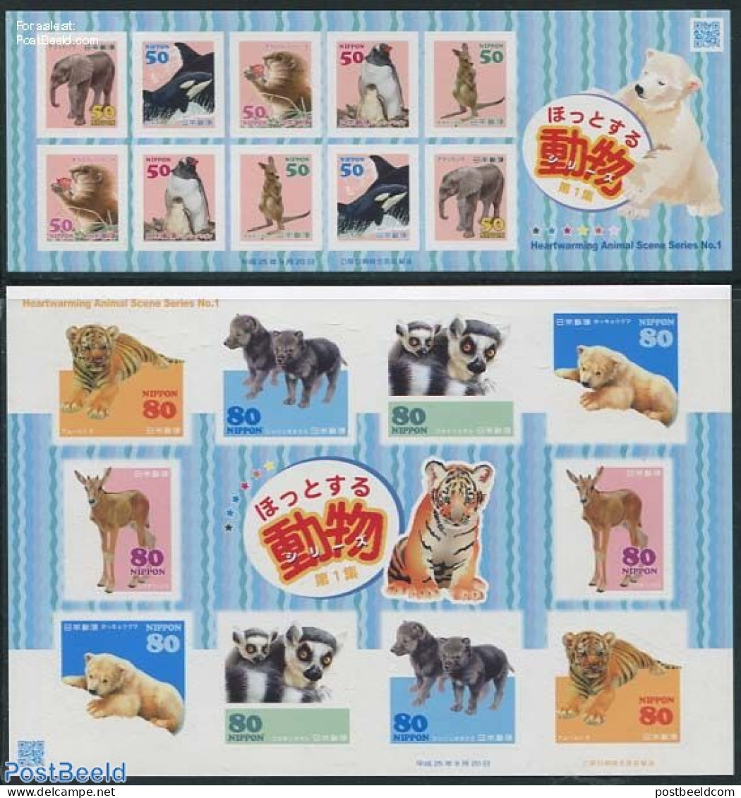 Japan 2013 Heartwarmming Animal Scene Series No. 1, 2 M/s, Mint NH, Nature - Animals (others & Mixed) - Bears - Cat Fa.. - Nuevos