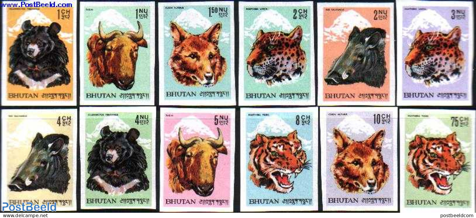 Bhutan 1966 Animals 12v, Imperforated, Mint NH, Nature - Animals (others & Mixed) - Bears - Cat Family - Bhután