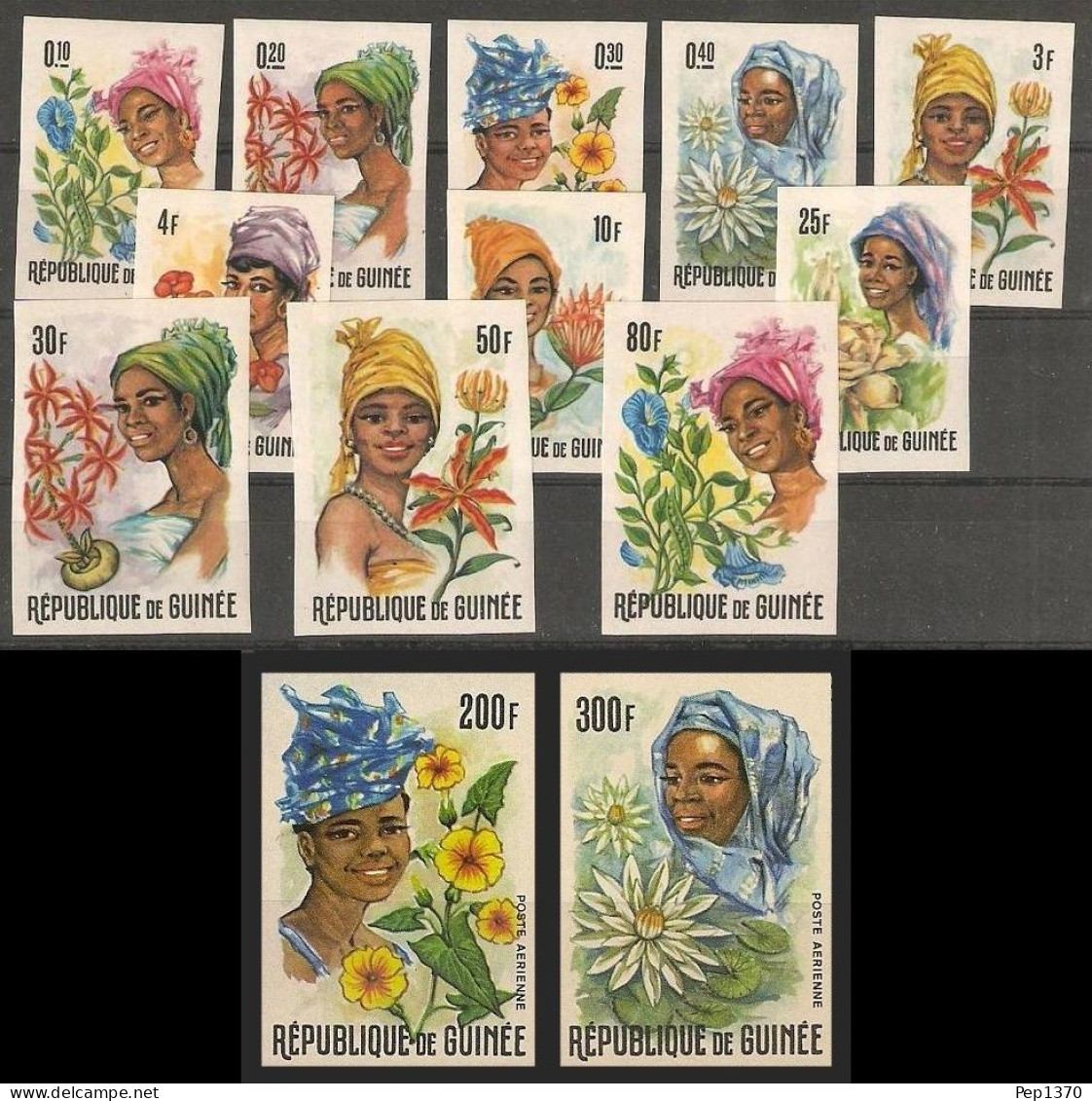 GUINEA 1966 - REPUBLIQUE DE GUINÉE - MUJER INDIGENA - FLORES  - YVERT 273/283+AEREOS 67/68** SIN DENTAR IMPERFORATE - República De Guinea (1958-...)