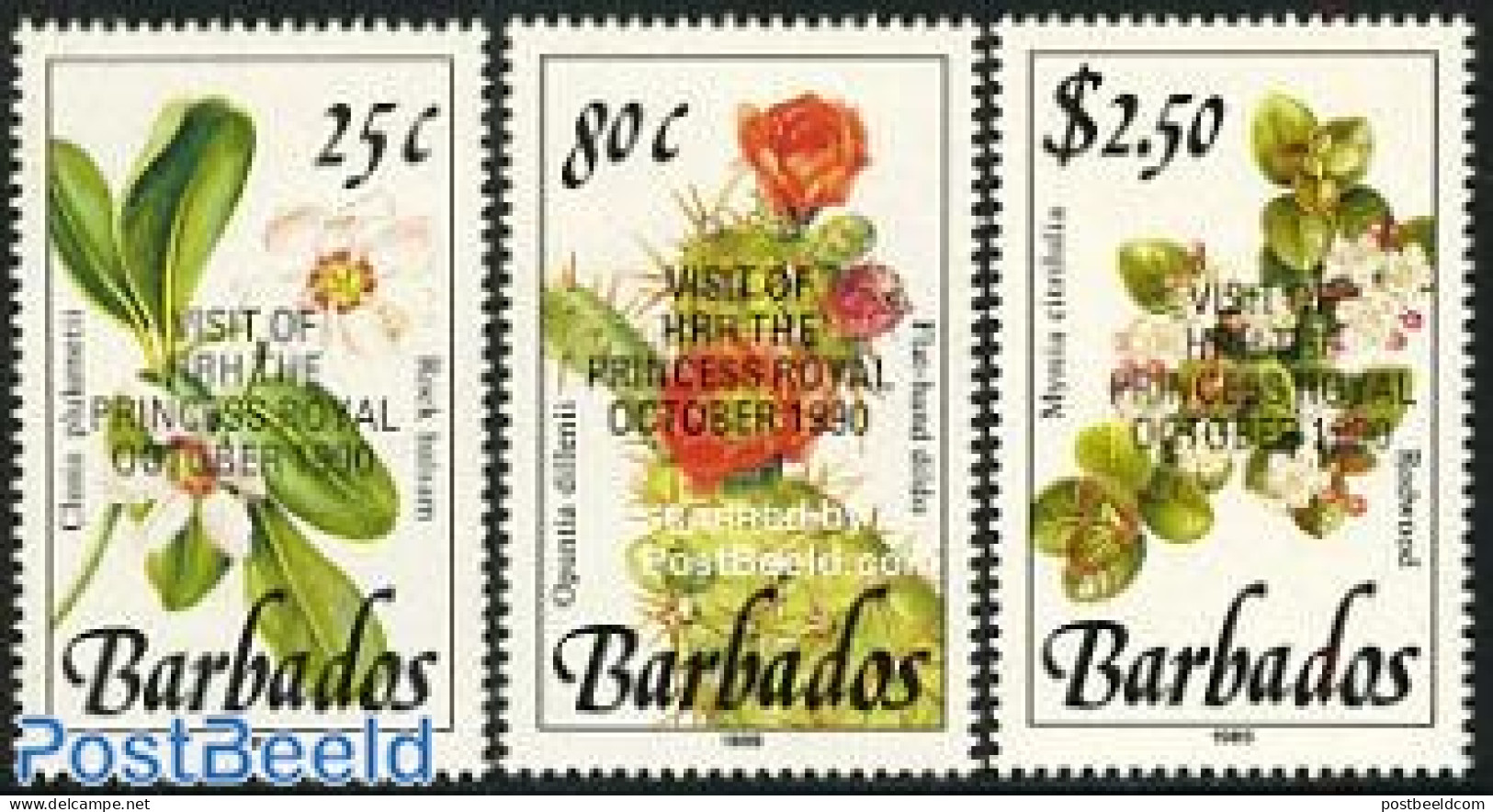 Barbados 1990 Anne Visit 3v, Mint NH, History - Nature - Kings & Queens (Royalty) - Flowers & Plants - Koniklijke Families