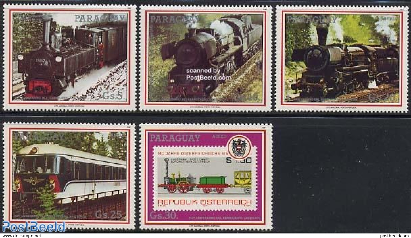 Paraguay 1988 Railways Austria 5v, Mint NH, Transport - Stamps On Stamps - Railways - Briefmarken Auf Briefmarken