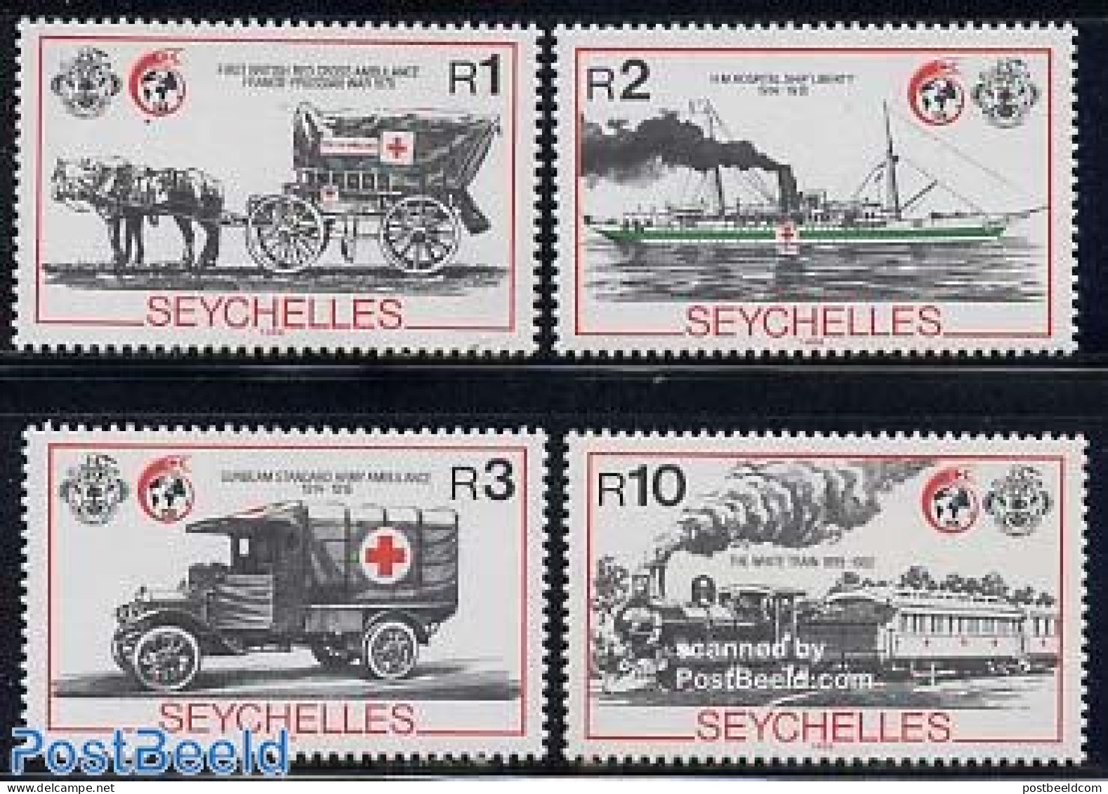 Seychelles 1989 Red Cross 125th Anniversary 4v, Mint NH, Health - Transport - Red Cross - Automobiles - Railways - Shi.. - Rode Kruis