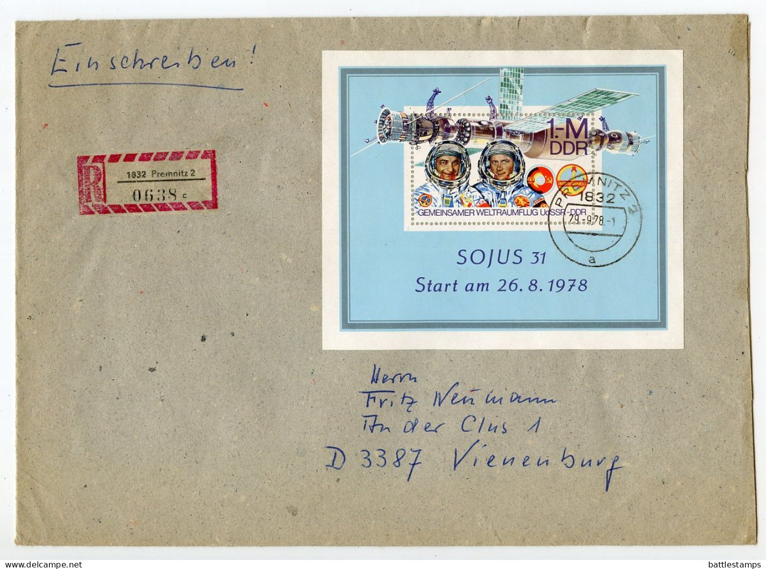 Germany, East 1978 Registered Cover; Premnitz To Vienenburg; Souvenir Sheet - 1m. Cosmonauts On Soyuz Spacecraft - Lettres & Documents