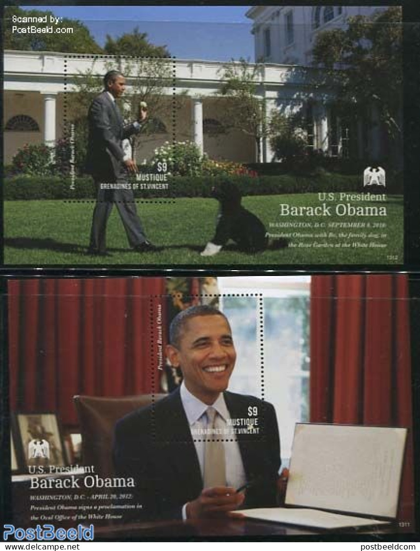 Saint Vincent & The Grenadines 2013 Mustique, Barack Obama 2 S/s, Mint NH, History - Nature - American Presidents - Po.. - St.Vincent & Grenadines