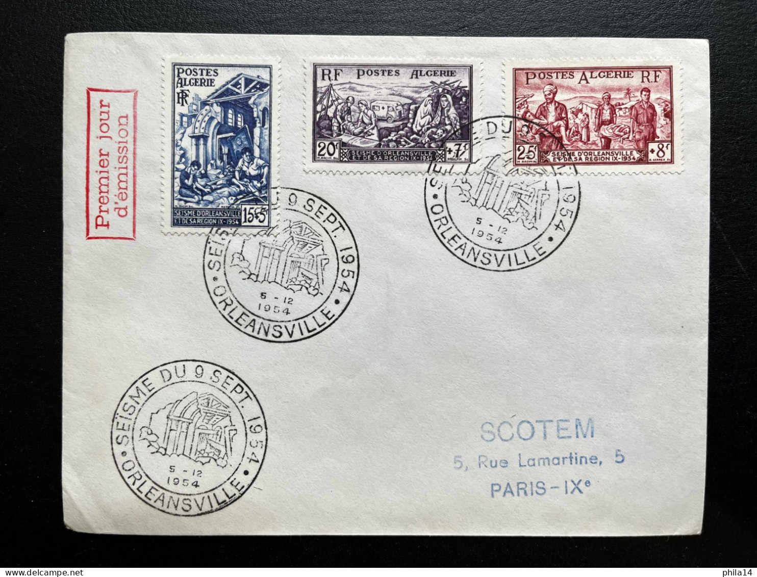 SP ALGERIE / ENVELOPPE FDC / SEISME DU 9 SEPT 1954 / ORLEANSVILLE 1954 - FDC