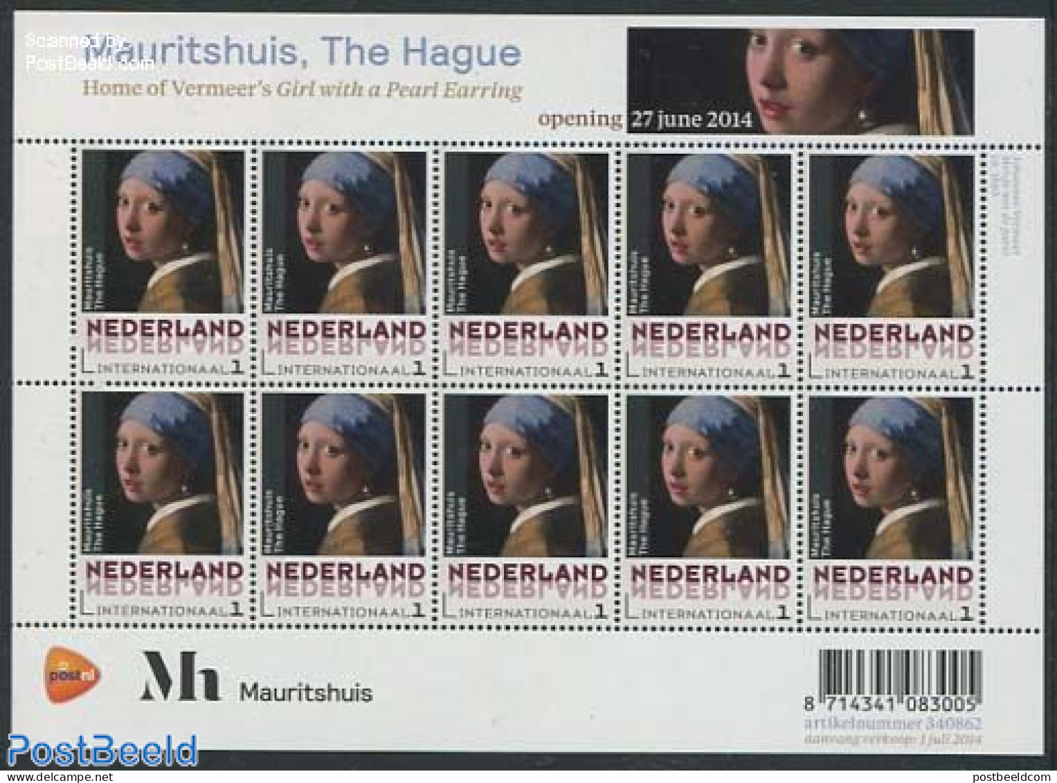 Netherlands 2014 Mauritshuis Museum, Vermeer: Girl With Pearl Earring M/s, Mint NH, Art - Museums - Paintings - Unused Stamps