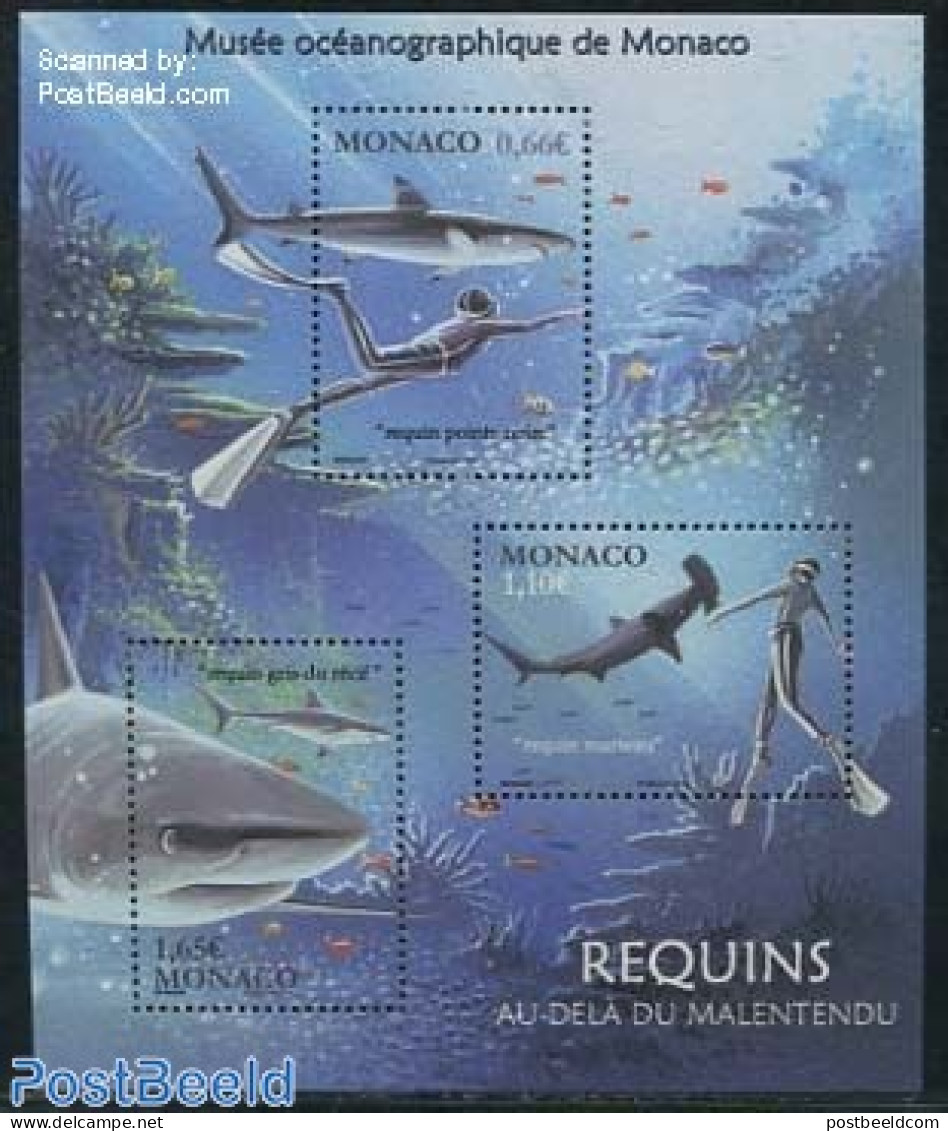 Monaco 2014 Oceanographic Museum 3v M/s, Mint NH, Nature - Sport - Fish - Diving - Art - Museums - Sharks - Unused Stamps
