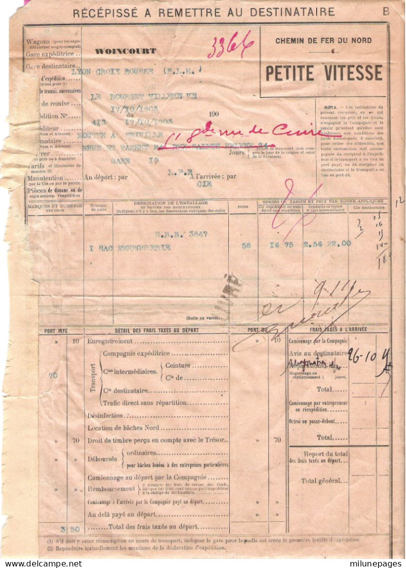 Récepissé Destinataire Petite Vitesse Chemins De Fer Du Nord Gare De Woincourt 1903 Pour Lyon 1 Sac De Ferronnerie - Otros & Sin Clasificación