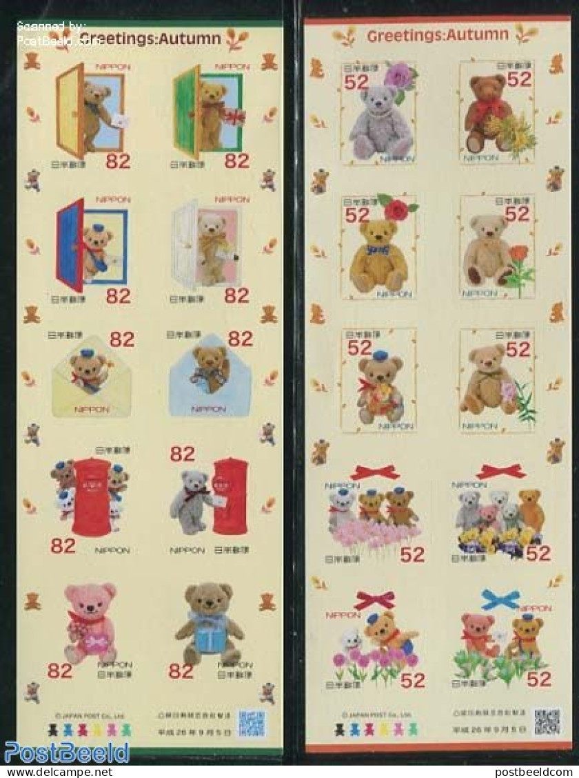 Japan 2014 Autumn Greetings, Teddy Bears 20v (2 M/s) S-a, Mint NH, Various - Teddy Bears - Toys & Children's Games - Unused Stamps