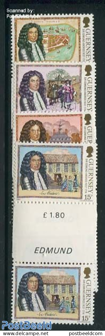 Guernsey 1987 Sir Edmund Andros 4 Gutter Pairs, Mint NH, Various - Maps - Uniforms - Geographie