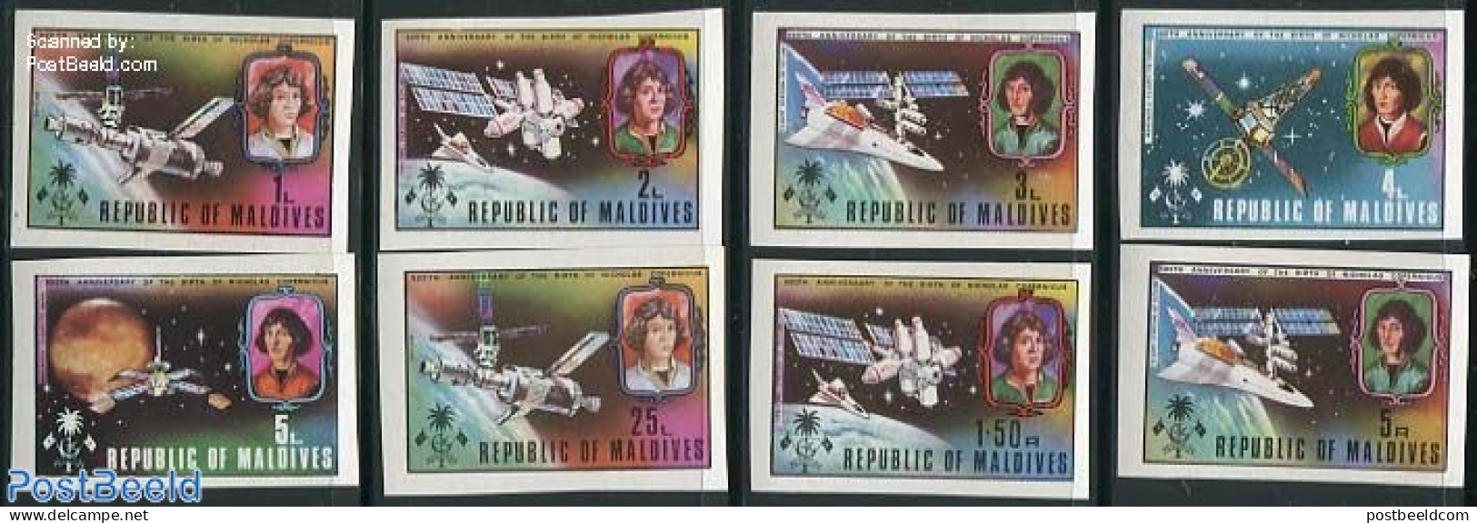 Maldives 1974 Copernicus 8v, Imperforated, Mint NH, Science - Transport - Astronomy - Space Exploration - Astrologie