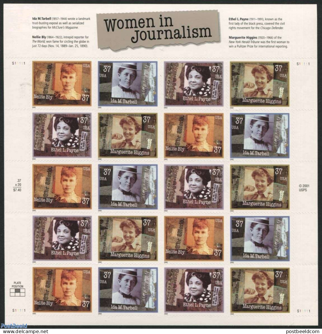 United States Of America 2002 Women In Journalism M/s, Mint NH, History - Newspapers & Journalism - Women - Ongebruikt