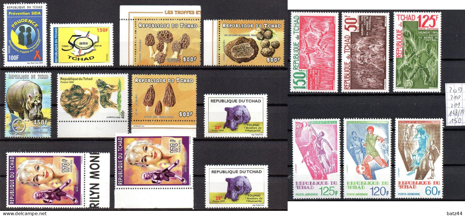 TCHAD CHAD Lot Timbres Tous Neuf / Mint ** Toumaï Marilyn Monroe  Chien Dog Champignon Mushroom AIDS Football Basket - Chad (1960-...)