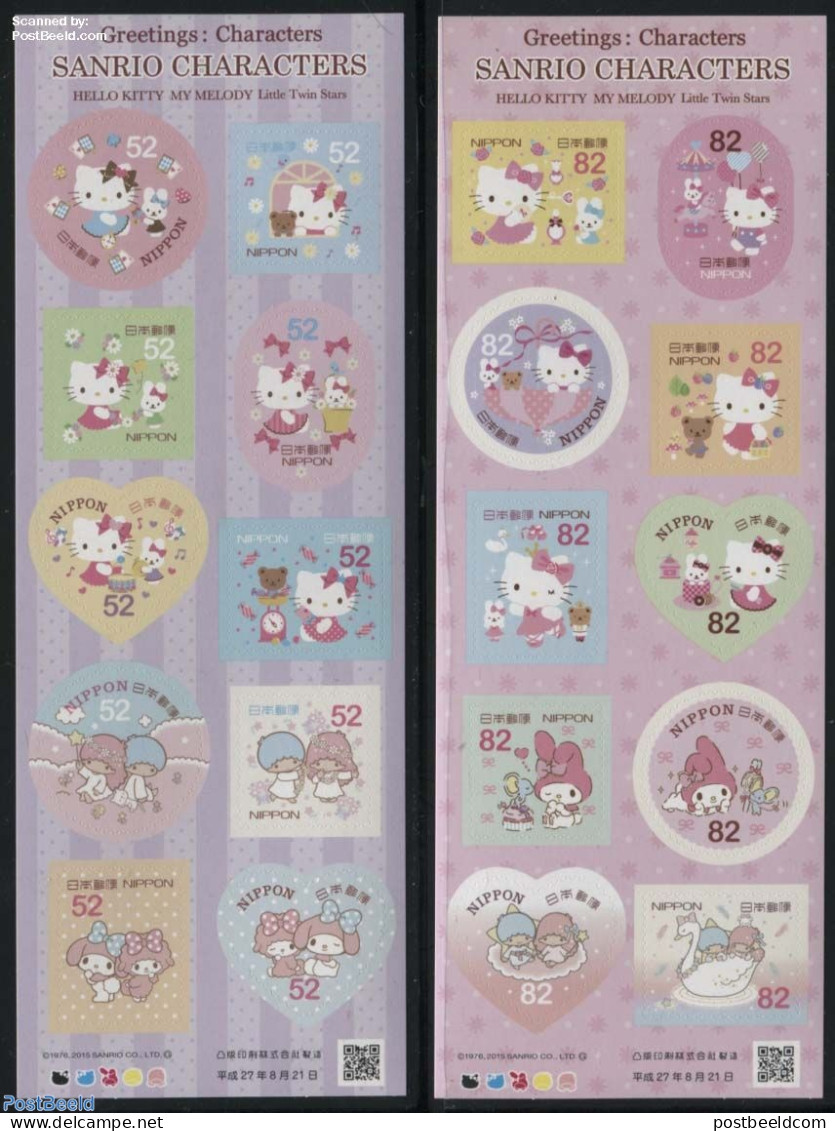 Japan 2015 Greeting Stamps, Sanrio Characters 20v S-a In 2 Foil Booklets, Mint NH, Nature - Various - Cats - Greetings.. - Neufs