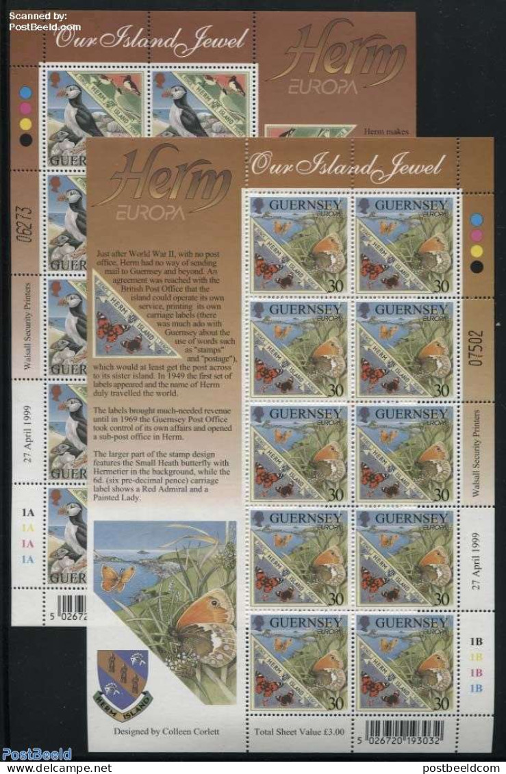 Guernsey 1999 Europa 2 M/ss, Mint NH, History - Nature - Europa (cept) - Birds - Butterflies - Guernesey