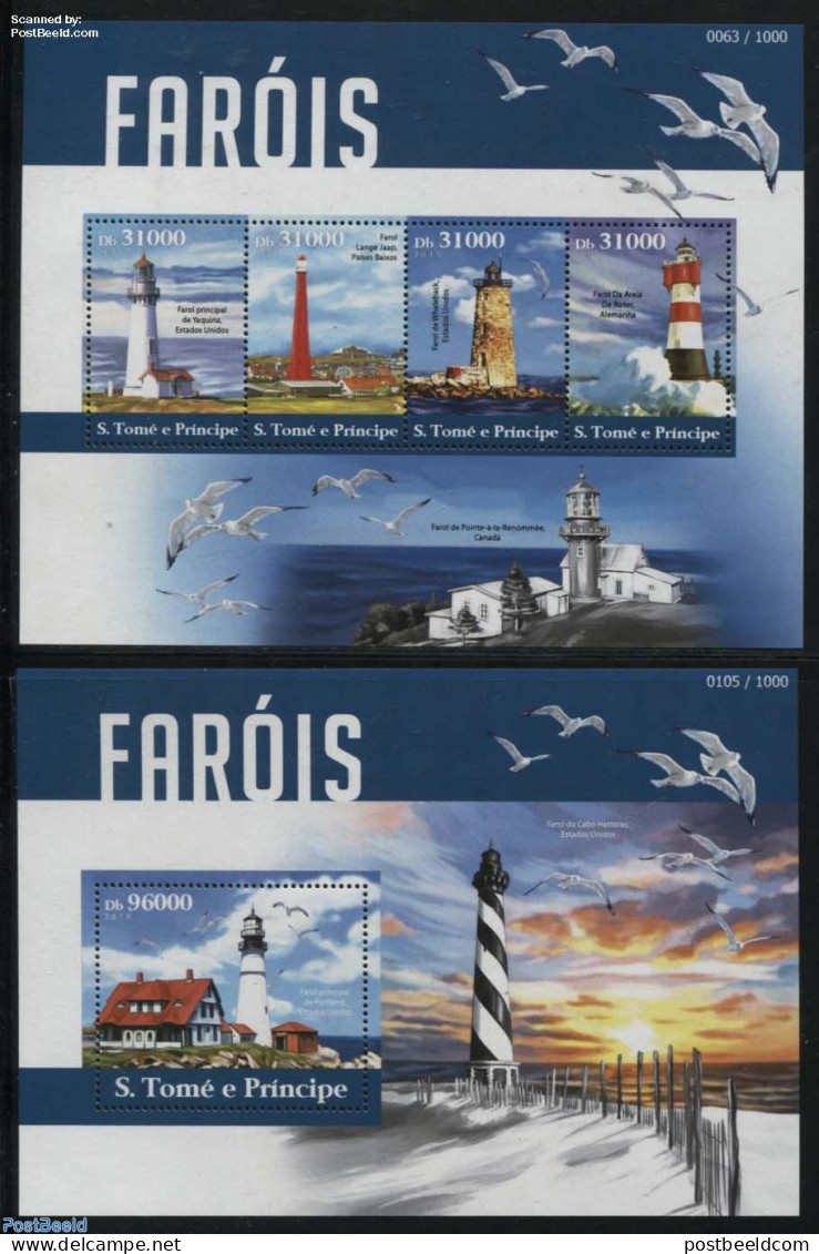 Sao Tome/Principe 2015 Lighthouses 2 S/s, Mint NH, History - Nature - Various - Netherlands & Dutch - Birds - Lighthou.. - Geography