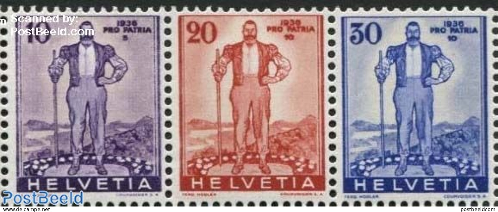 Switzerland 1936 Pro Patria 3v (from S/s) Ribbed Gum, Mint NH - Nuevos