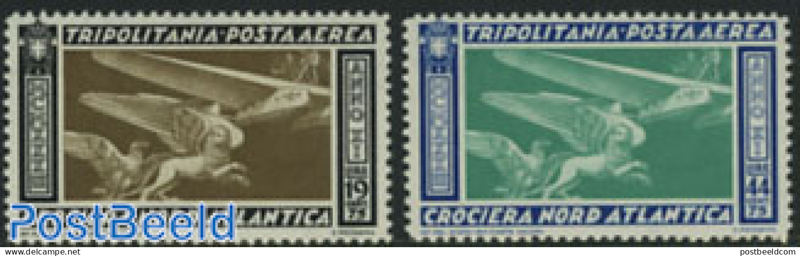 Italian Lybia 1933 Tripoli, Rome-Chicago Flight 2v, Unused (hinged), Transport - Aircraft & Aviation - Vliegtuigen