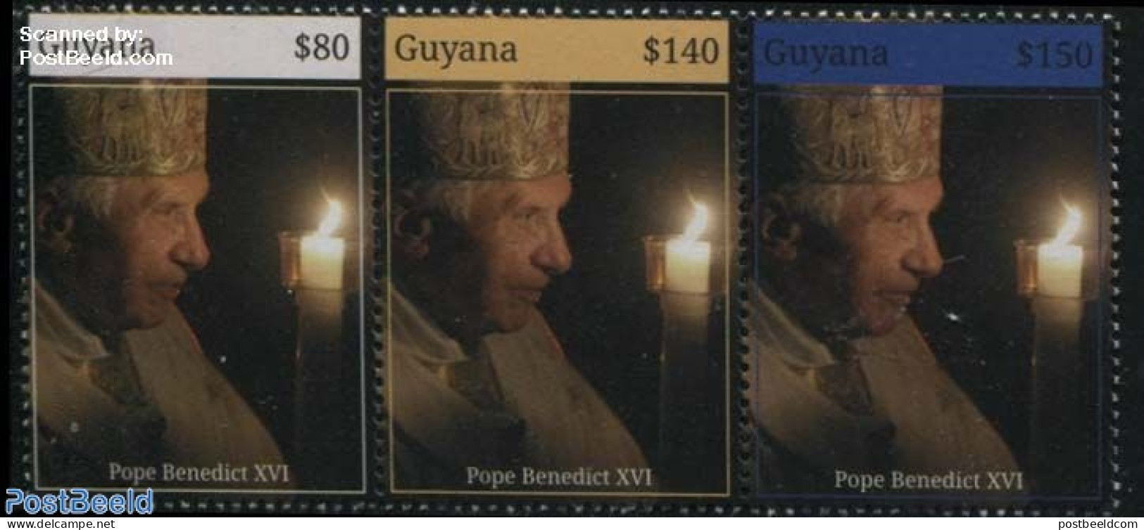 Guyana 2015 Pope Benedict XVI 3v [::], Mint NH, Religion - Pope - Päpste