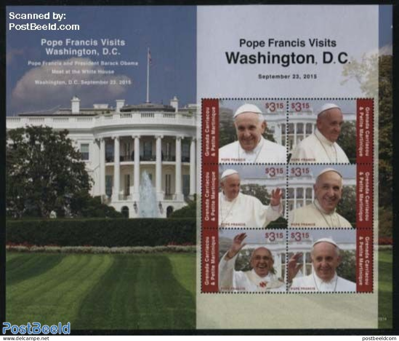 Grenada Grenadines 2015 Pope Francis Visits Washington DC 6v M/s, Mint NH, Religion - Pope - Papas