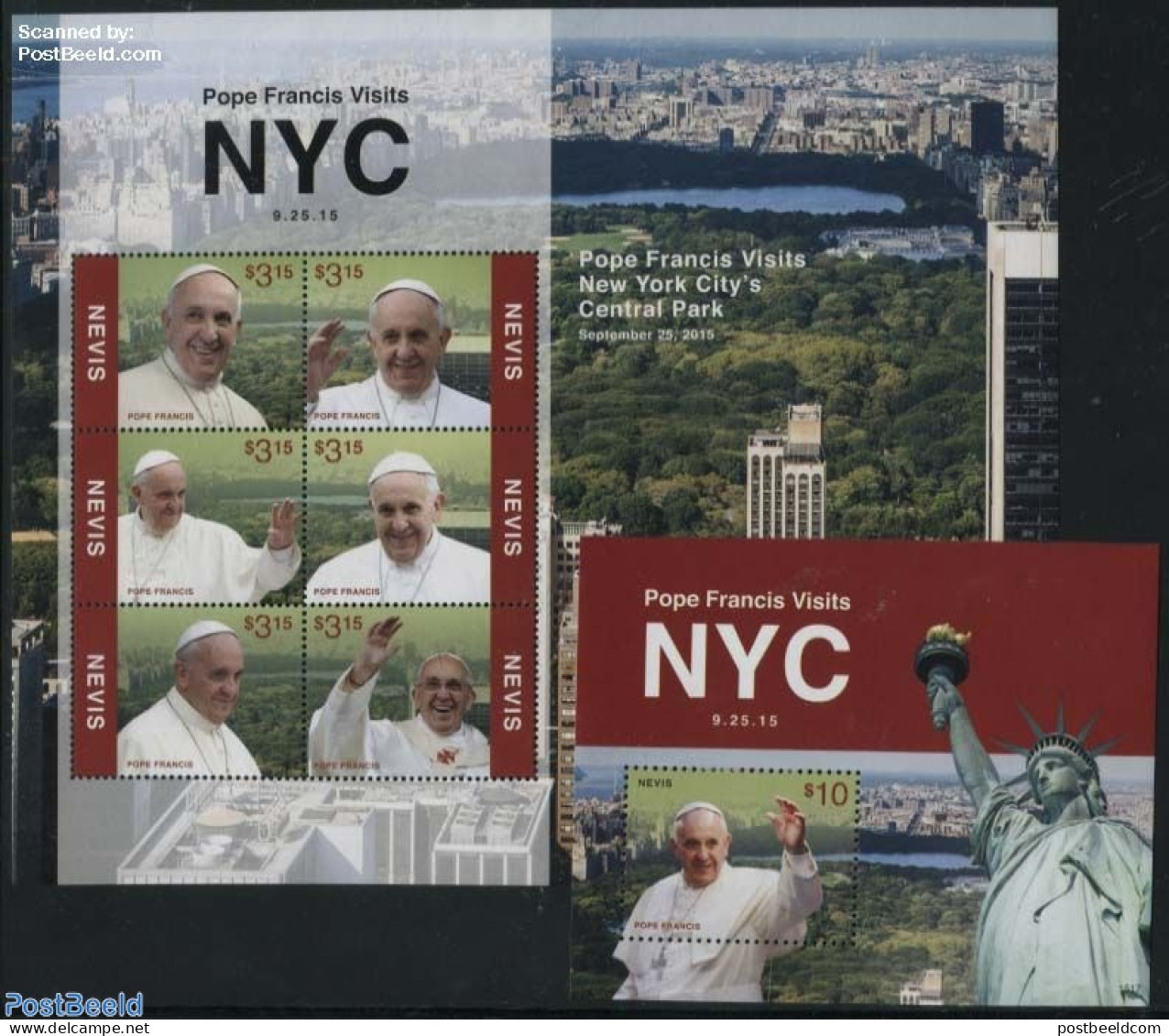 Nevis 2015 Pope Francis Visits NYC 2 S/s, Mint NH, Religion - Pope - Papas