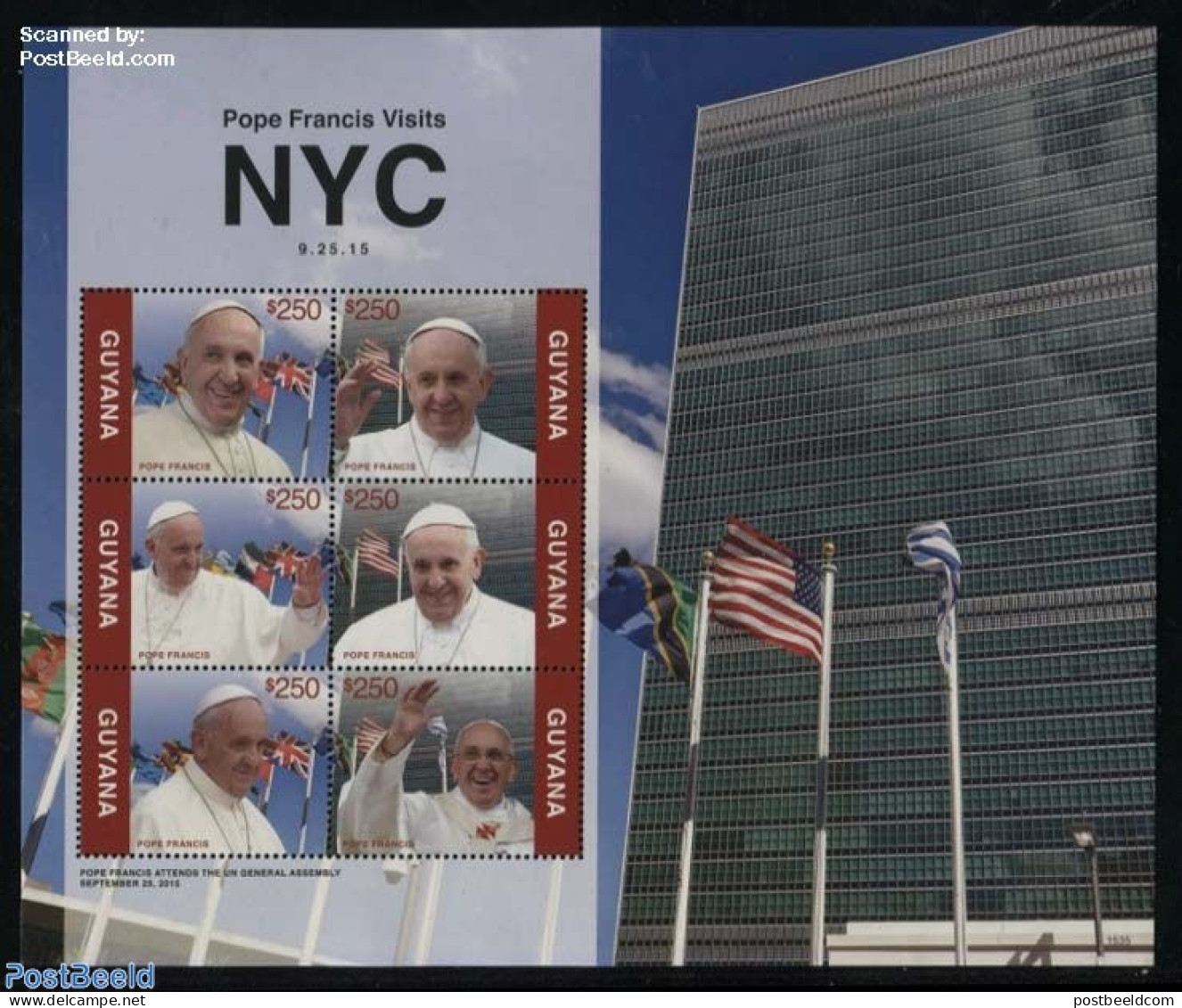 Guyana 2015 Pope Francis Visits NYC 6v M/s, Mint NH, History - Religion - Flags - United Nations - Pope - Papas