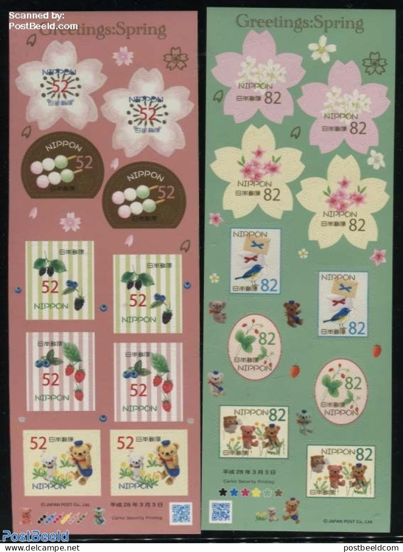 Japan 2016 Spring Greetings 20v S-a (2x10 Stamps On Foil Sheets), Mint NH, Nature - Various - Birds - Flowers & Plants.. - Ongebruikt