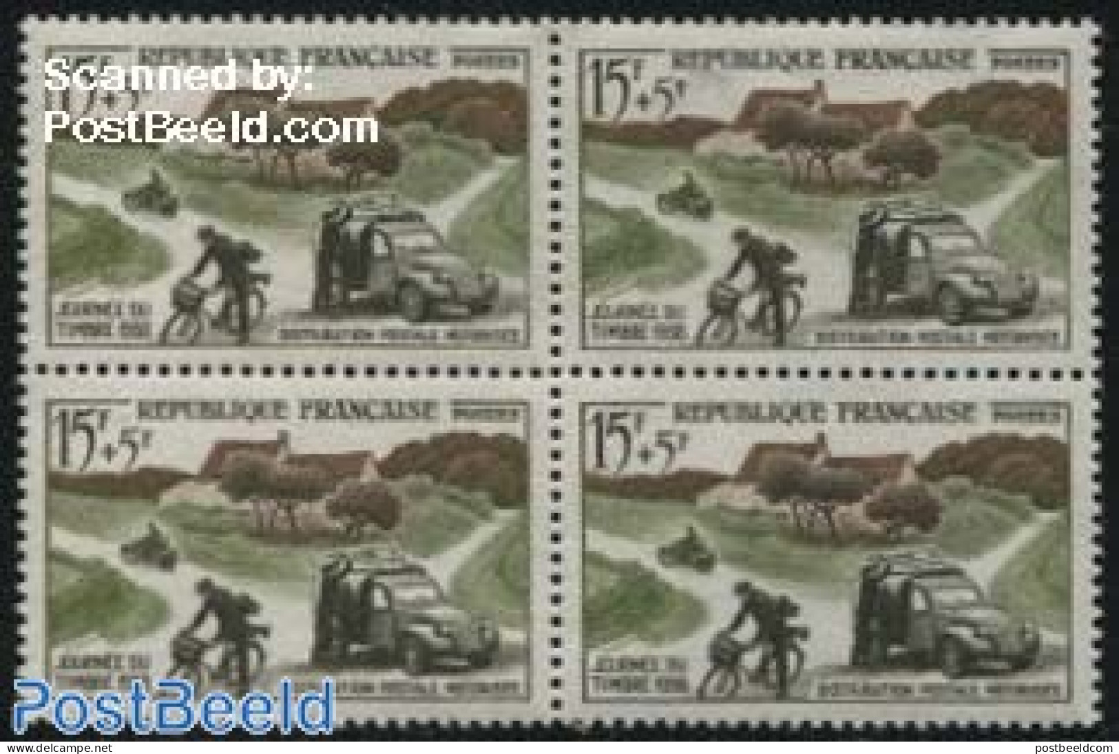 France 1958 Stamp Day 1v, Block Of 4 [+], Mint NH, Sport - Transport - Post - Automobiles - Motorcycles - Neufs