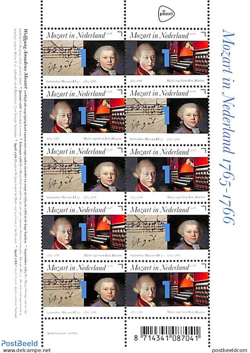 Netherlands 2016 Mozart In The Netherlands M/s, Mint NH, Performance Art - Amadeus Mozart - Music - Musical Instrument.. - Unused Stamps