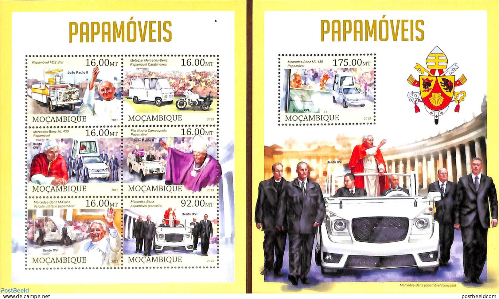 Mozambique 2013 Pope's Vehicles 2 S/s, Mint NH, Religion - Transport - Pope - Religion - Automobiles - Motorcycles - Päpste