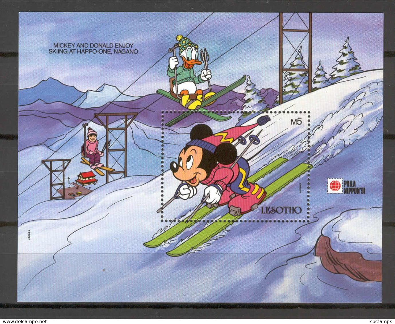 Disney Lesotho 1991 Mickey And Donald Enjoy Skiing At Happo-one Nagano MS MNH - Disney
