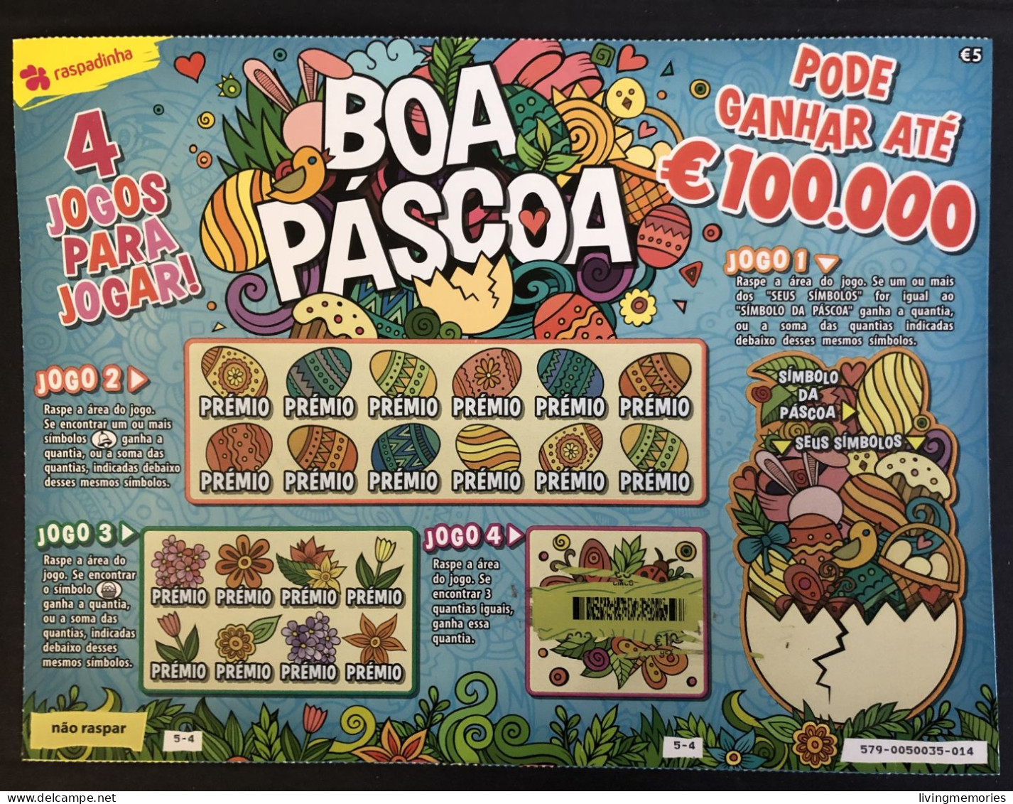 103, Lottery Tickets, Portugal, « Raspadinha », « Instant Lottery », « BOA PÁSCOA », « HAPPY EASTER », Nº 579 - Lotterielose