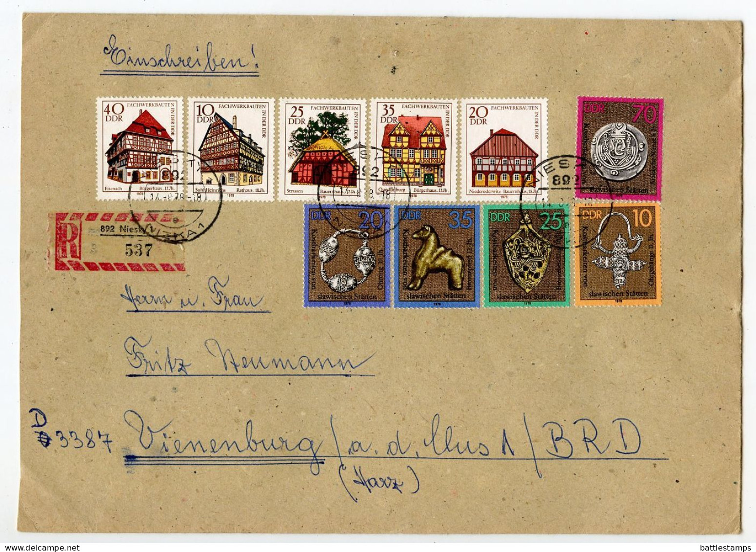 Germany, East 1978 Registered Cover; Niesky To Vienenburg; Stamps - Half-Timbered Buildings & Archaeological Artifacts - Brieven En Documenten